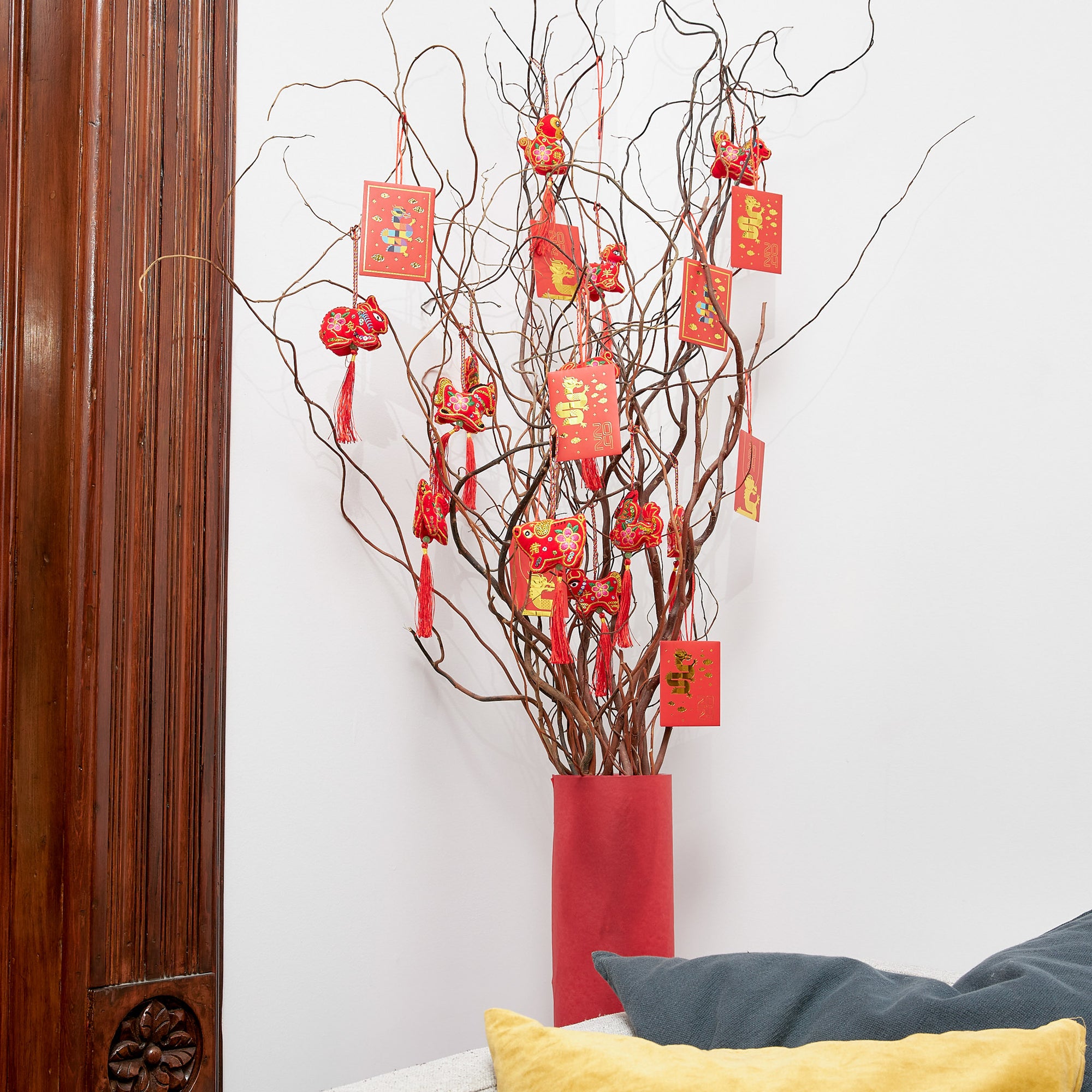 Chinese zodiac ornament set hung on branches