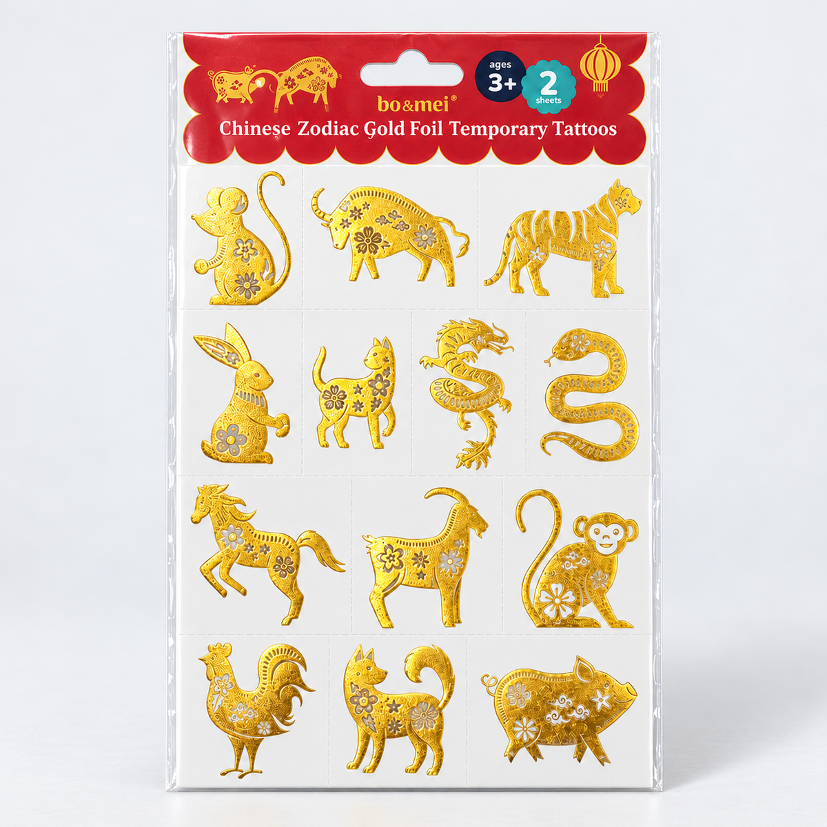Chinese Zodiac Gold Foil Temporary Tattoos
