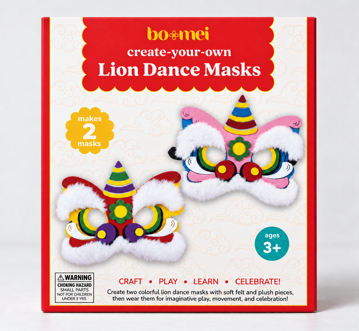 DIY craft kit featuring materials to make two felt lion dance masks, perfect for Lunar New Year celebrations and imaginative play.