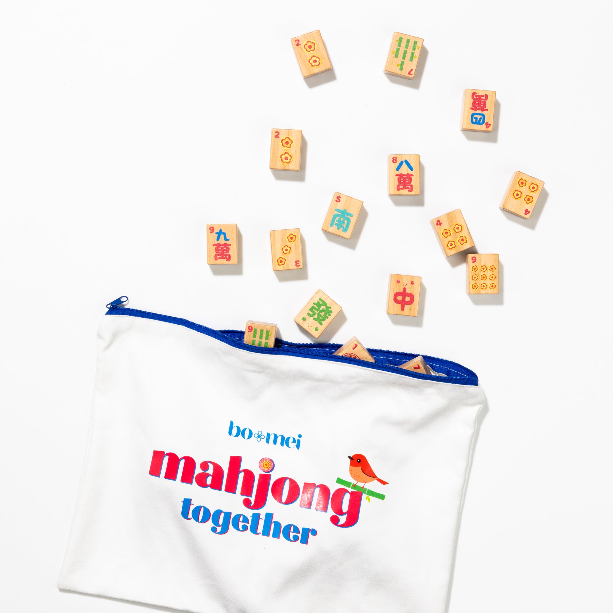 Colorful mahjong tiles with a white bag labeled 'bo mei mahjong together' on a white background