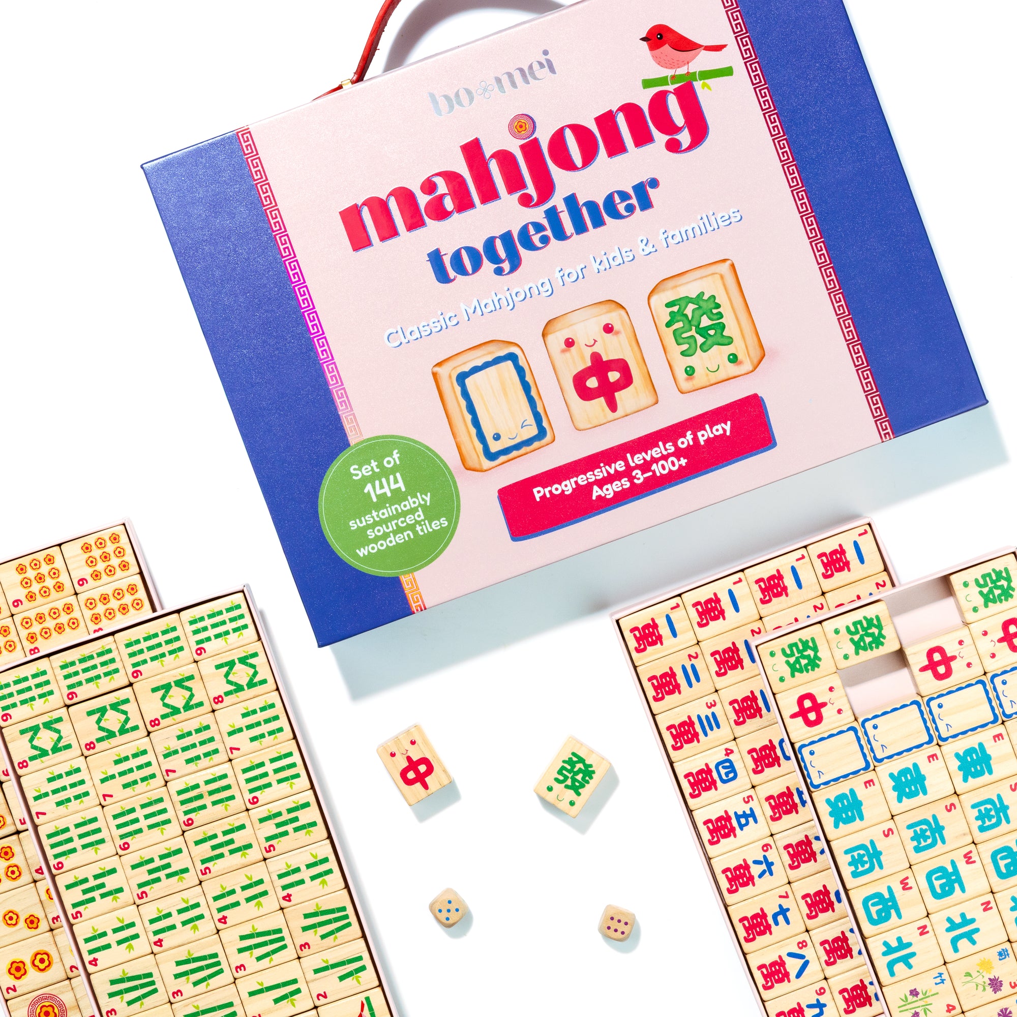Beautiful modern mahjong set for kids, families and beginners with modern designs on wooden tiles