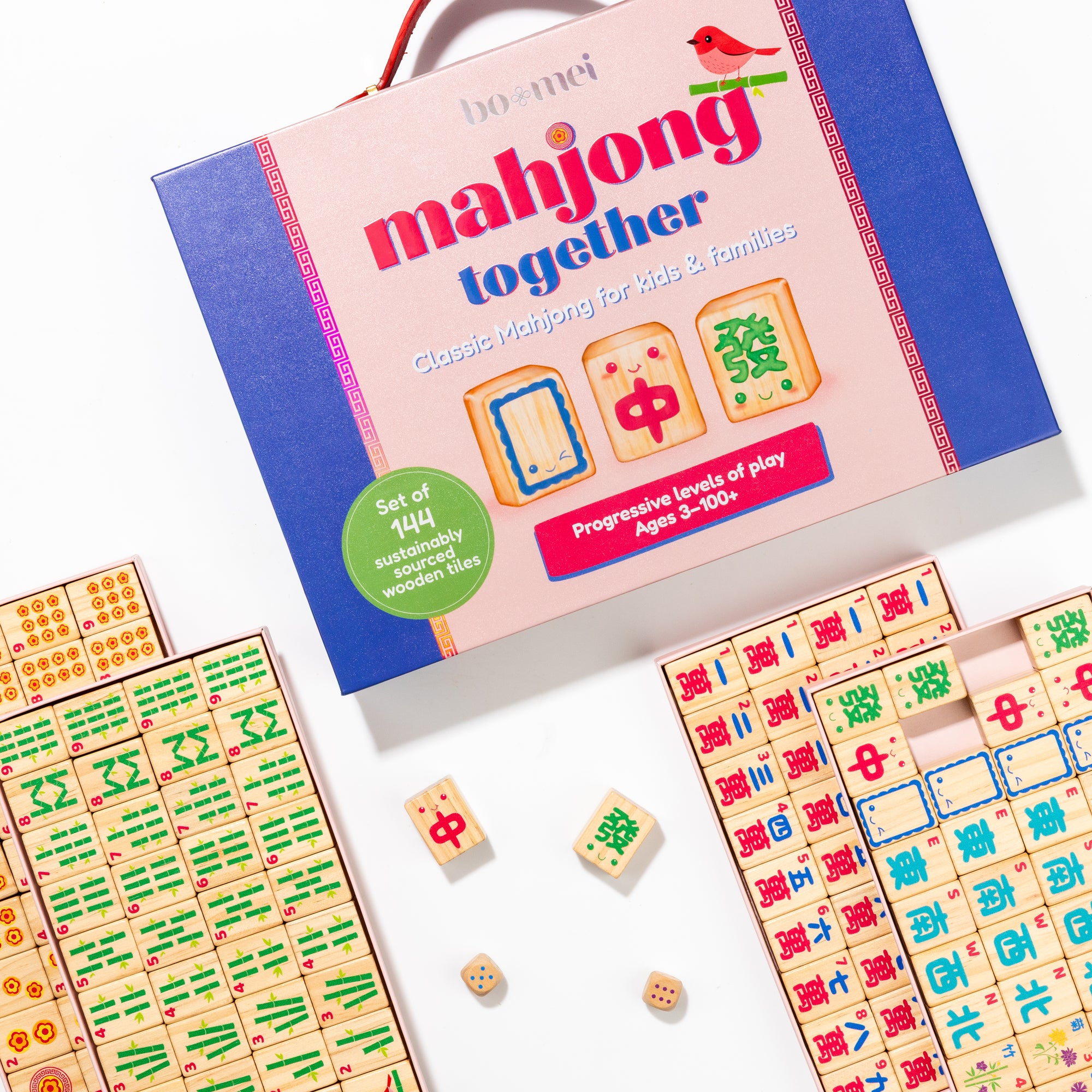 Beautiful modern mahjong set for kids, families and beginners with modern designs on wooden tiles