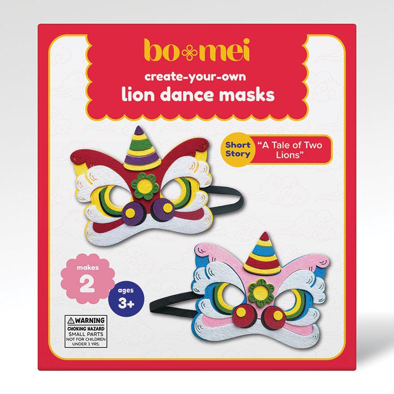 DIY craft kit featuring materials to make two felt lion dance masks, perfect for Lunar New Year celebrations and imaginative play.