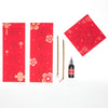 Craft kit with 10 vertical couplet phrases and 5 square blessings for calligraphy tracing, including brushes, black paint, and rice paper for decoration. Chinese