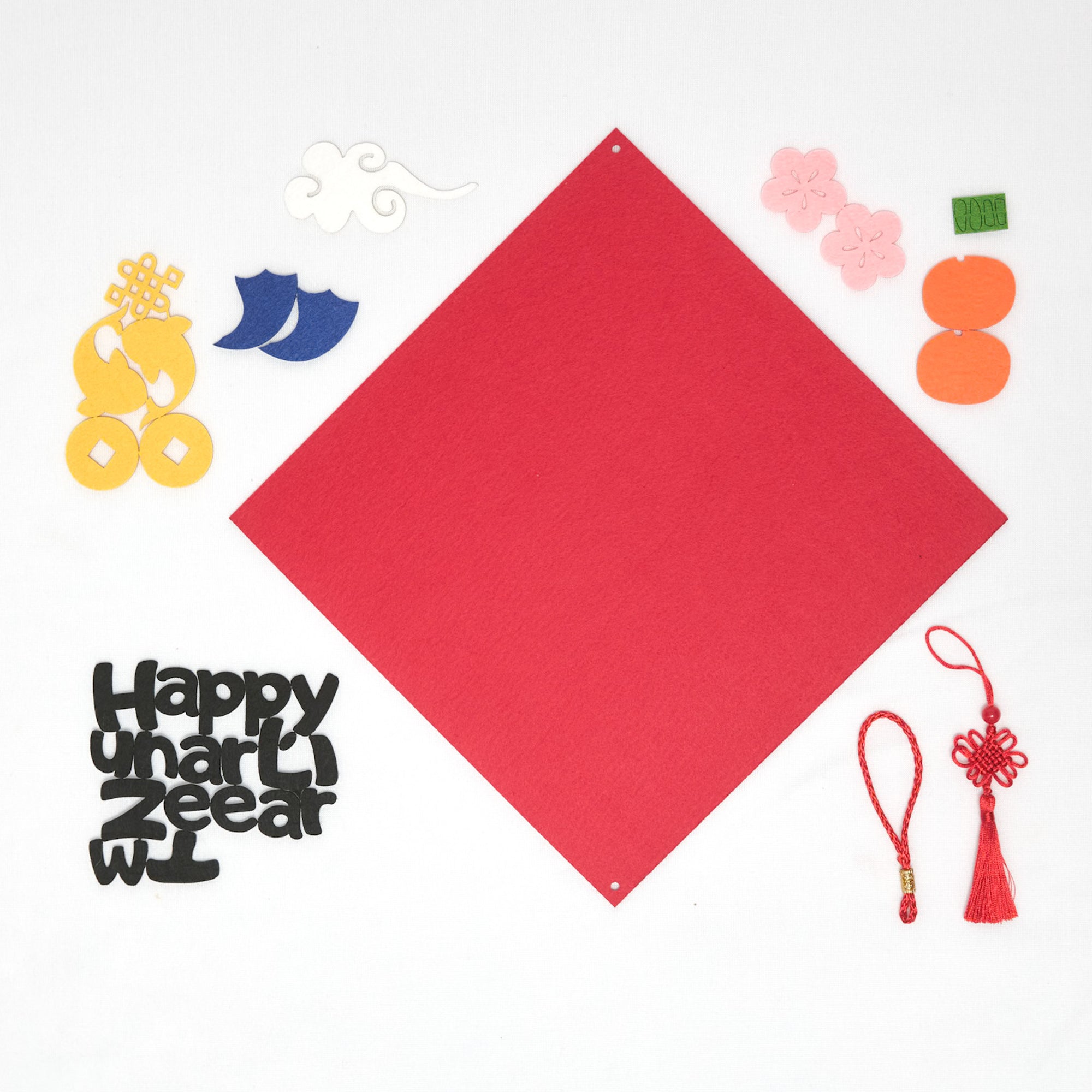 Craft kit with felt cut-outs for creating Chinese “fu,” Vietnamese “Tết,” and “Happy Lunar New Year” hangings, complete with tassels and adhesive.