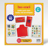 DIY craft kit with 10 red envelope cut-outs and sticker sheets featuring Lunar New Year symbols like coins and flowers for personalized envelopes.